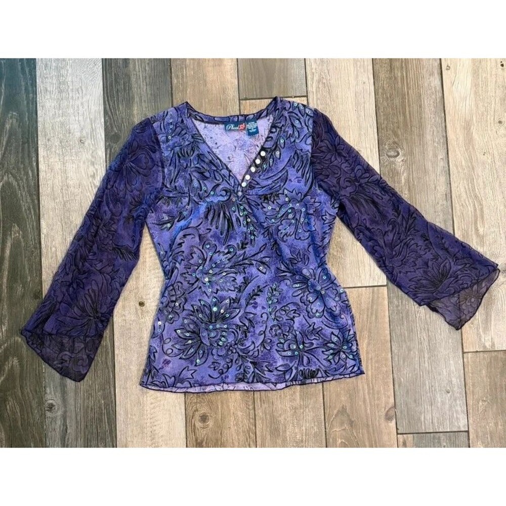 Authentic Y2k Vintage Purple Floral Top with Sheer Sleeves and Sequin Detail